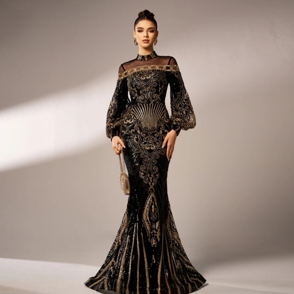 Black Embellished Backless Gown with Bishop Sleeves - Picture 11 of 13